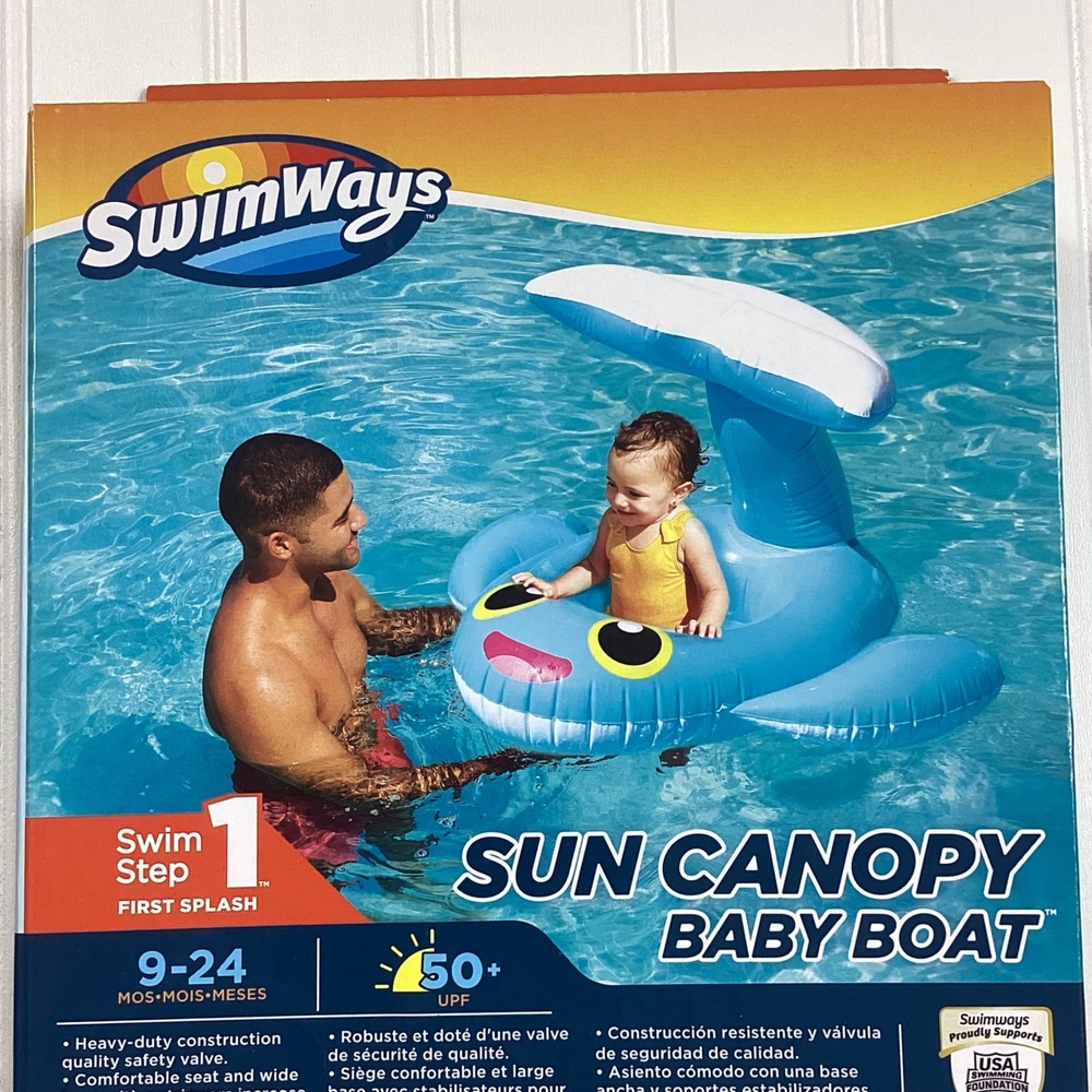 SwimWays Sun Canopy Baby‎ Boat Whale Inflatable Pool Float 9-24 Months UPF 50+